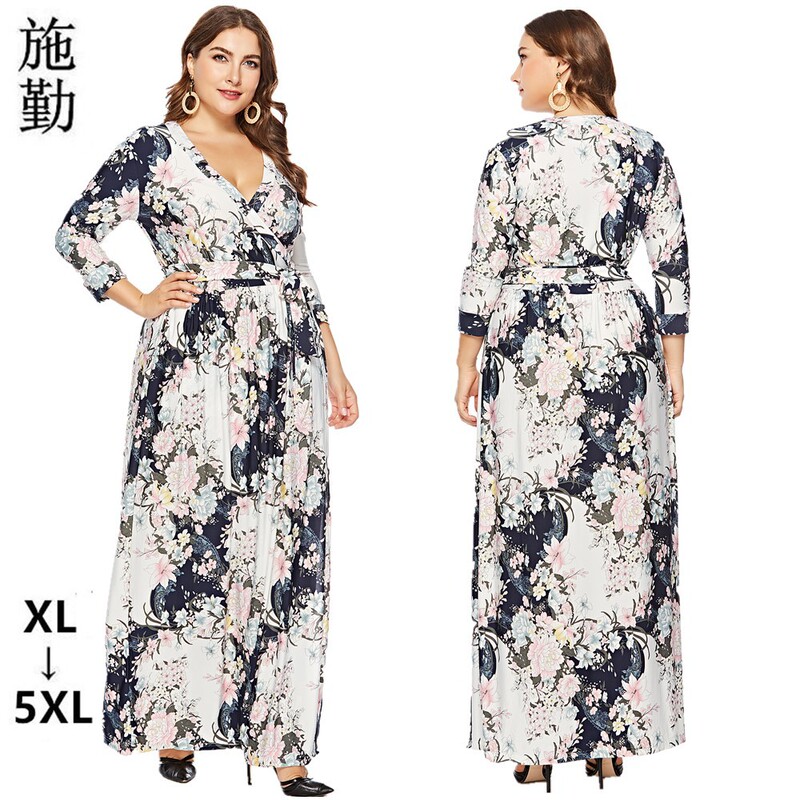 Amazon's New Autum European and American Plus Size Women's Long-Sleeved Printed Wrap Dress Sq0024