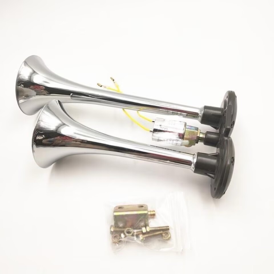 Large Truck 12V 24V Electric Air Horn, High-Pitched Super Loud Waterproof Metal Dual-Tube Universal Horn