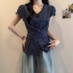 レース V ネックチェック柄半袖シャツ女性のための 2025 新しい夏大きいサイズ少し太ったウエストカバーお腹シャツトップ