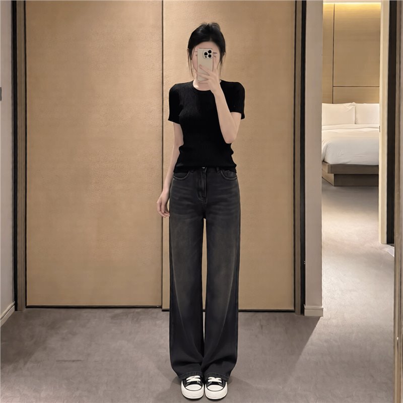 2026 Super Hot Summer Outfit Set, Black Retro Casual Style, Loose and Lazy Straight-Leg Denim Wide-Leg Pants Set for Women 2026 Super Hot Summer Outfit Set, Black Retro Casual Style, Loose and Lazy Straight-Leg Denim Wide-Leg Pants Set for Women