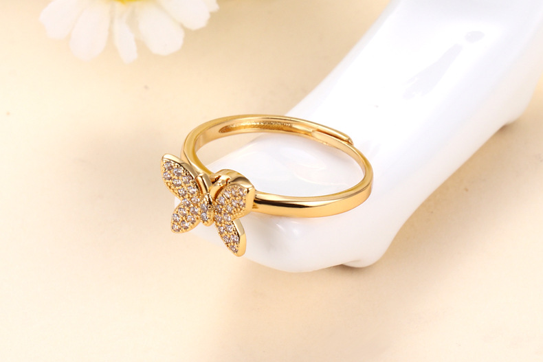 Adjustable Ring Size 1 Piece Quantity Retro Butterfly Brass Plating Inlay Zircon 24k Gold Plated Rings