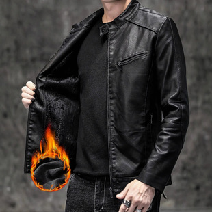 2025 New Autumn and Winter Men's Casual Leather Jacket Men's Motorcycle Jacket Slim Trendy Men's Pu Leather Jacket Thin Velvet