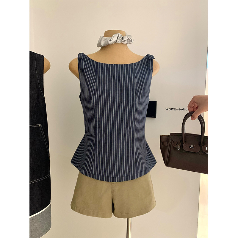 Wgwe9272 Bow-Tie Waist-Cinching Striped Off-The-Shoulder Shirt Sleeveless Blouse Top Wgwe9272 Bow-Tie Waist-Cinching Striped Off-The-Shoulder Shirt Sleeveless Blouse Top