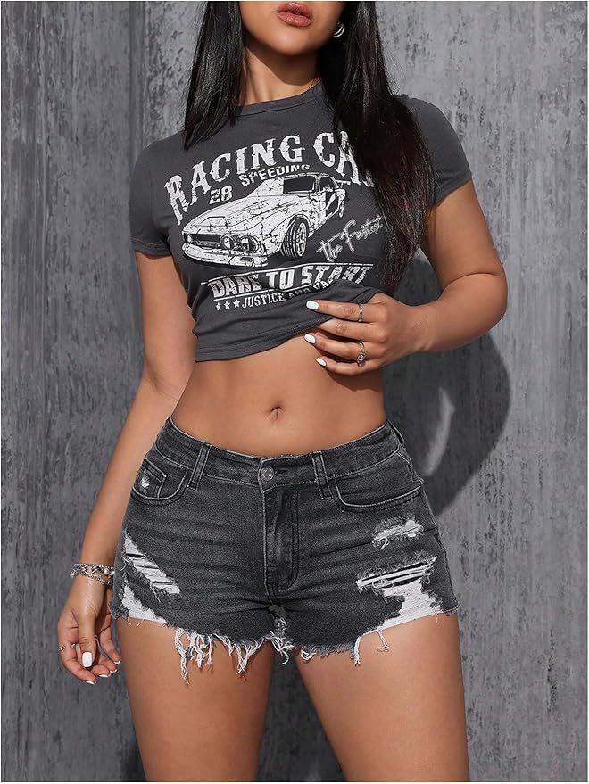 Dameskleding Damesmode Gewassen denim shorts met gaten en elastische tailleband, driepuntsbroek voor formele en casual gelegenheden voor vrouwen_voghion.com