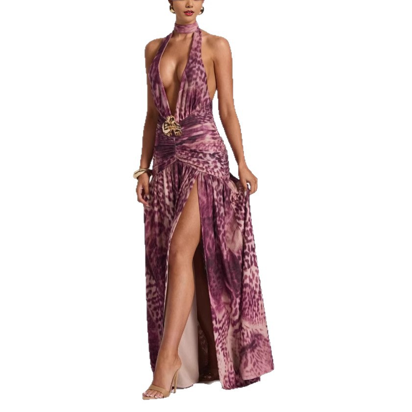 Women's Sexy Halter Neck Bodycon Maxi Dress With Low Back & Thigh Slit | Floral Print Ruffle Detail Lightweight & Flowy Fabric_ecoleips.com