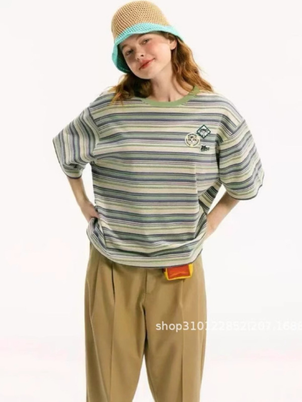 2025 夏新日本ニコトップカジュアルコットン猫刺繍パッチコントラストストライプ半袖 Tシャツ女性用|undefined
