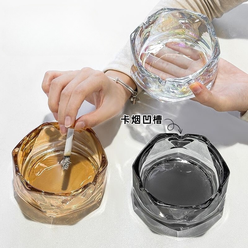 新款水晶玻璃烟灰缸ins高颜值客厅办公室家用轻奢菱格款酒店烟缸|undefined