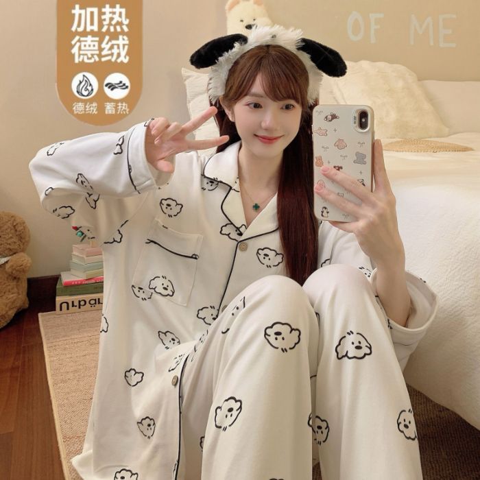 Al por mayor transfronterizo otoño y invierno nueva explosión Cardigan manga larga calentamiento de dos piezas pijamas de mujer set de ropa de casa