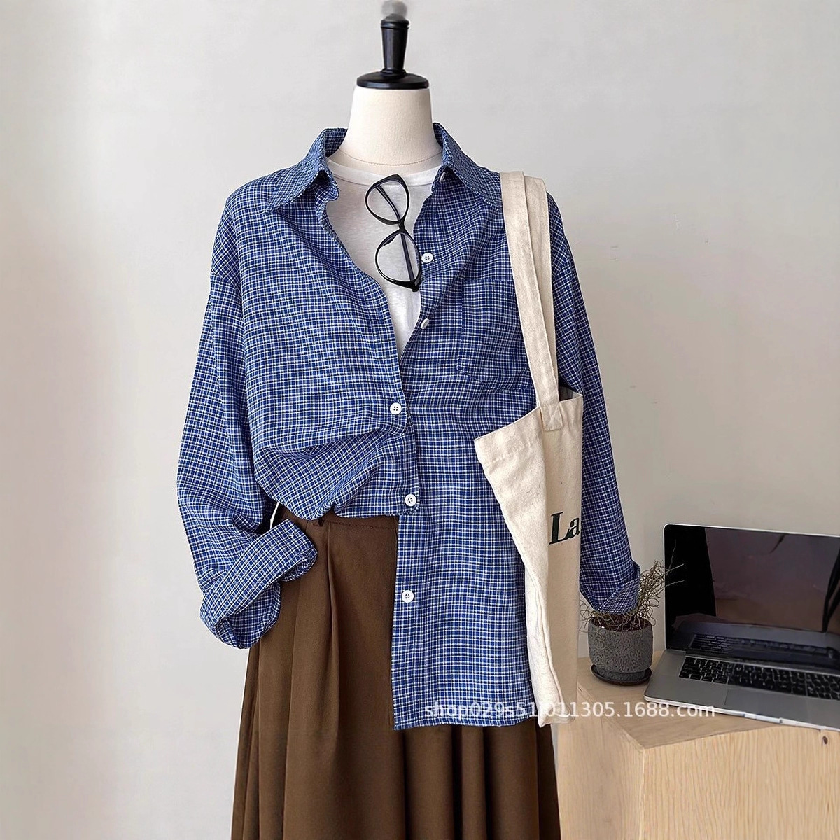美式复古蓝格子衬衫女春秋韩版慵懒宽松打底显瘦防晒衬衣上衣外套