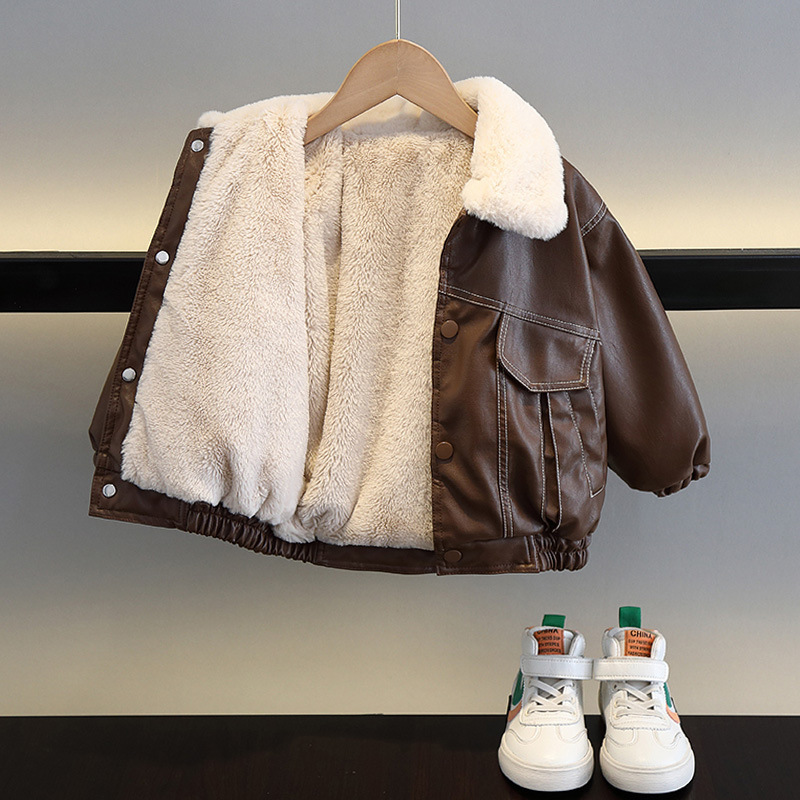 Children's Wear Boys fleece-lined Leather Jacket 2025 New Baby Winter Clothes Children's Thickened Warm Leather Jacket Children's Wear Boys fleece-lined Leather Jacket 2025 New Baby Winter Clothes Children's Thickened Warm Leather Jacket