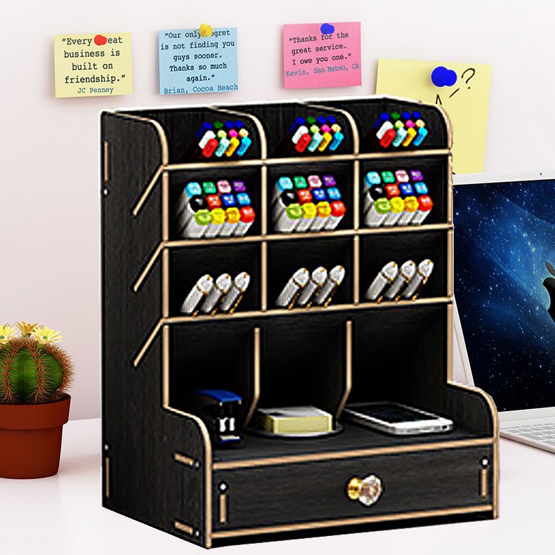 De madera del norte de Europa-estilo caja de almacenamiento escritorio marcador organización caja multi-rejilla plegable Oficina escritorio almacenamiento