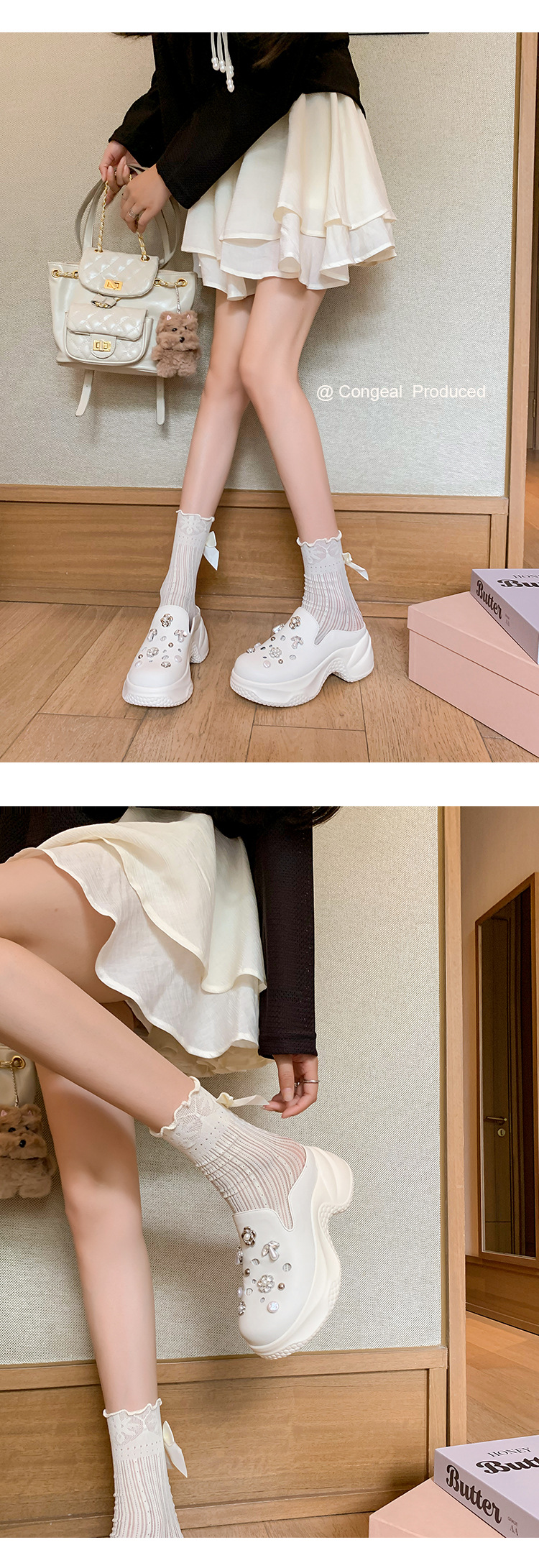 Dép lê bít mũi độn cao da thật 7cm cho nữ, phong cách sandal lỗ xốp mùa hè, đính ngọc trai đinh tán — Màu trắng, Màu xám chi tiết 11