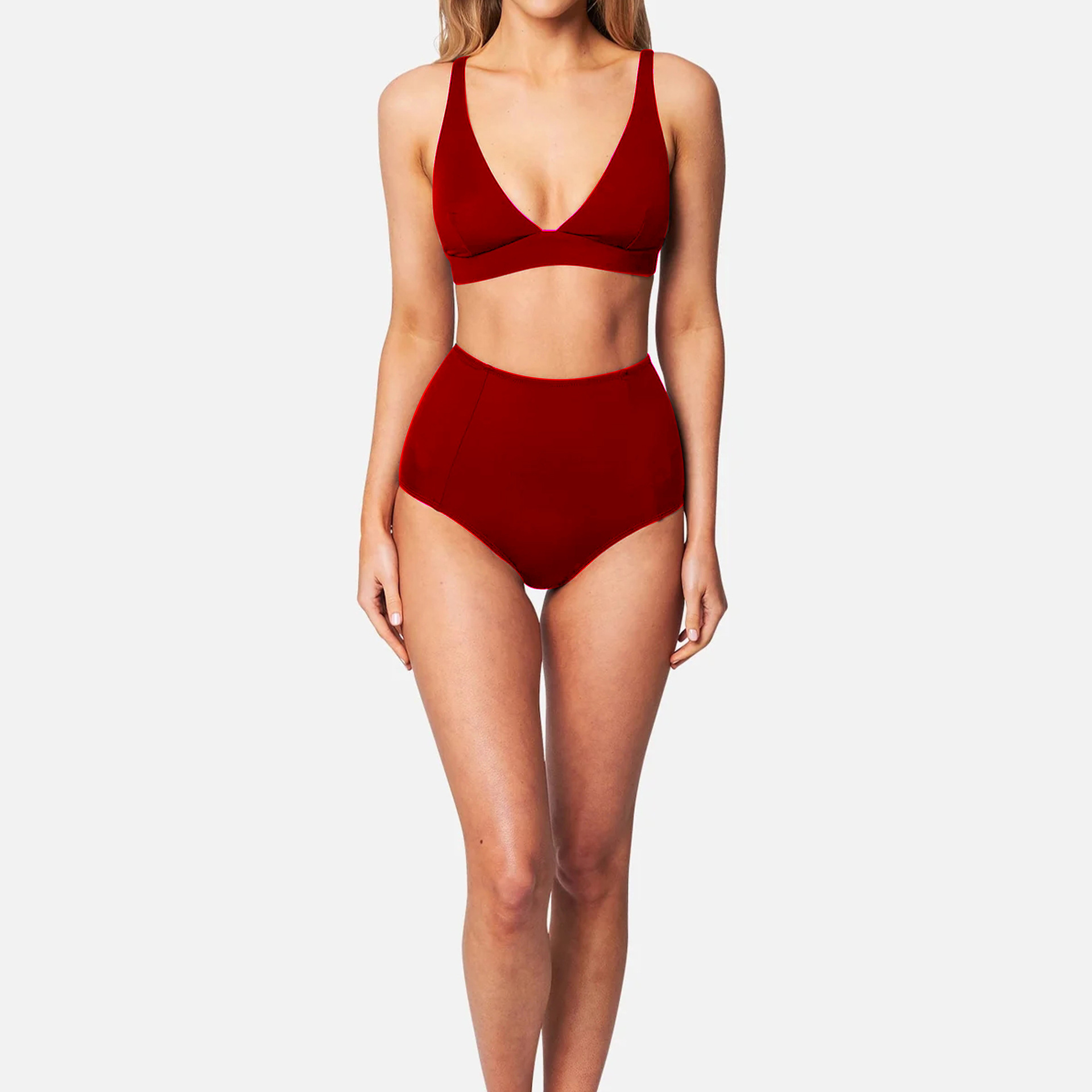 High-waisted Two Piece Bikini Solid Colour Swimsuit For Women_voghion.com