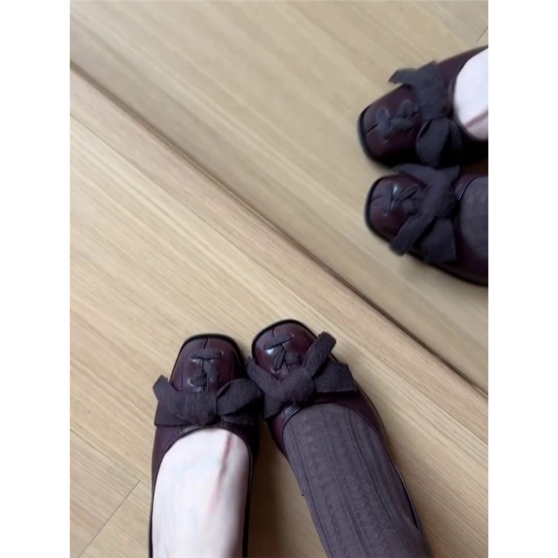 羊皮版~真皮法式复古蝴蝶结粗跟浅口单鞋女早秋新款不累脚高跟鞋|undefined