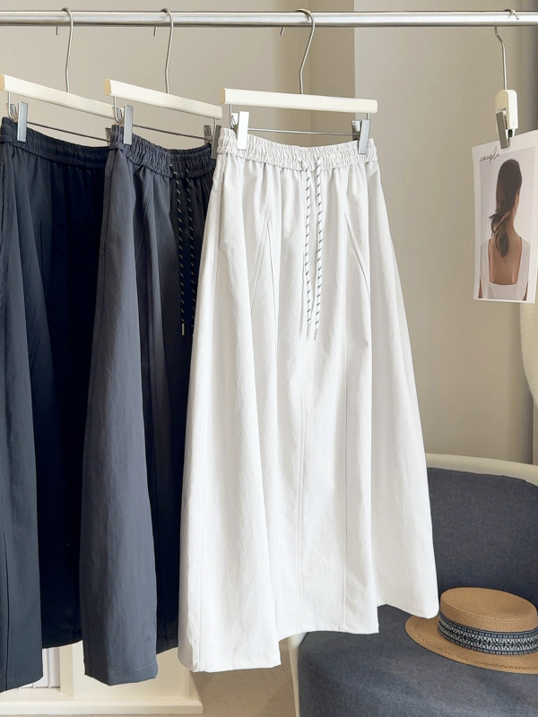 Contrast Color Drawstring Workwear Skirt for Women 2025 New High-Waist Hip-Covering Slimming Look Splicing A-Line Mid-Length Pumpkin Skirt