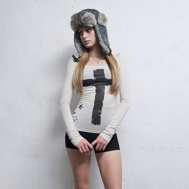 L177TP American Spice Girl 2024 осень новый сплошной цвет с круглым вырезом с длинным рукавом принтом тонкая футболка универсальный топ