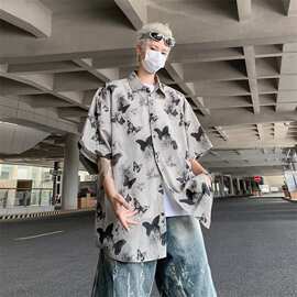 夏威夷水墨蝴蝶印花衬衫男短袖夏季海边穿搭防晒衬衣加大码外套