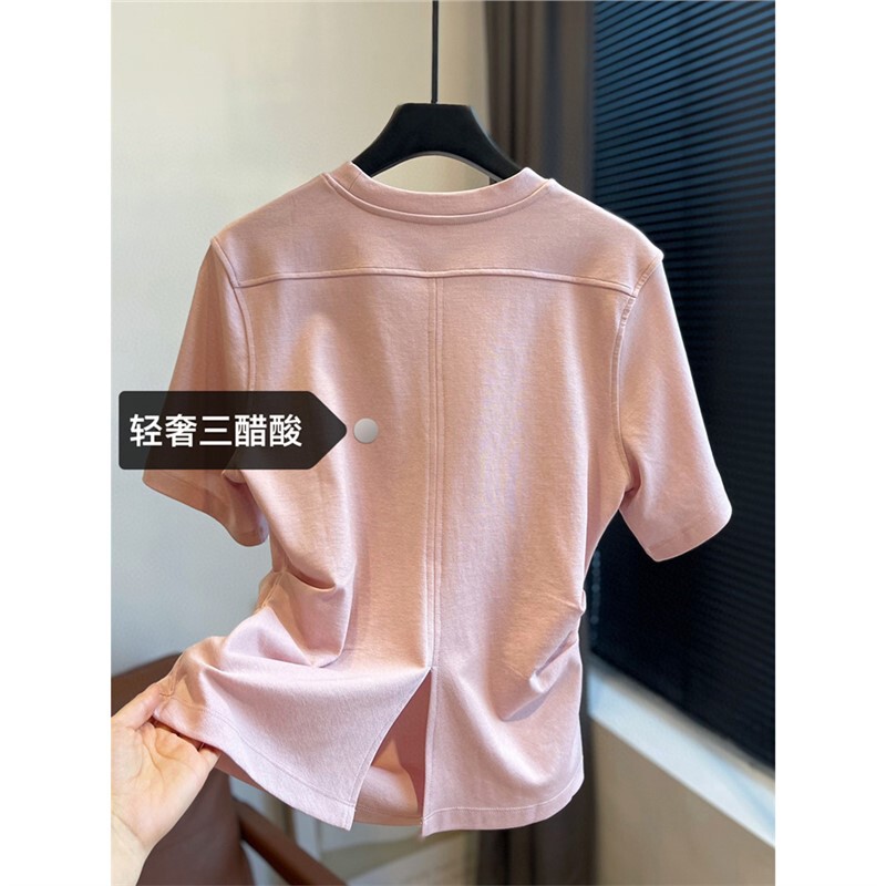 Designed Japanese Triacetate Back Slit Pleated Waist Slimming Look Short-Sleeved T-Shirt Women's Top 2025 Spring and Summer New Style