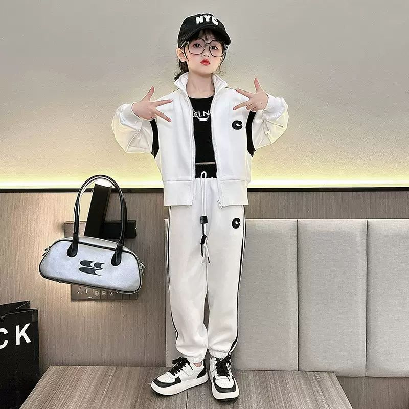 Girls' Auumn Baseball Sui Se 2023 New Mid o Big Kids Fashion Long Sleeve Coa Sraigh Tube Pans Two Piece_voghion.com