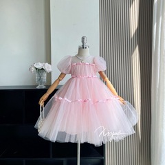 童裙24夏季新款女童高端公主裙女寶泡泡袖粉色生日禮服裙蓬蓬紗裙