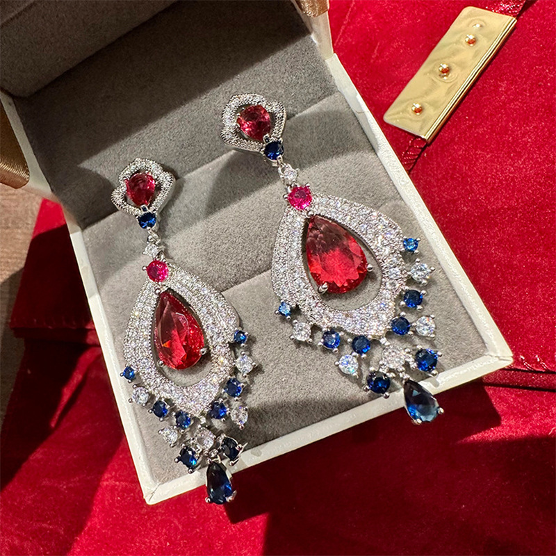 中古银针超闪锆石水滴耳环轻奢高级感重工耳钉复古宫廷风夸张耳饰|undefined