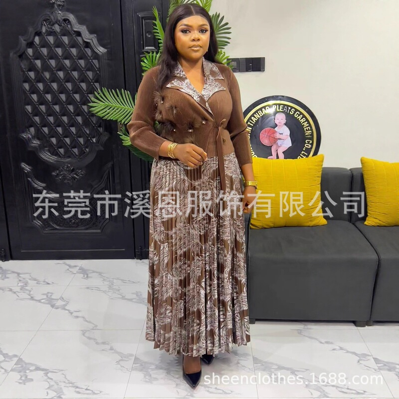 Miayki三宅烫金羽毛钉珠西装领褶皱系带大码连衣裙女装跨境新dres|undefined