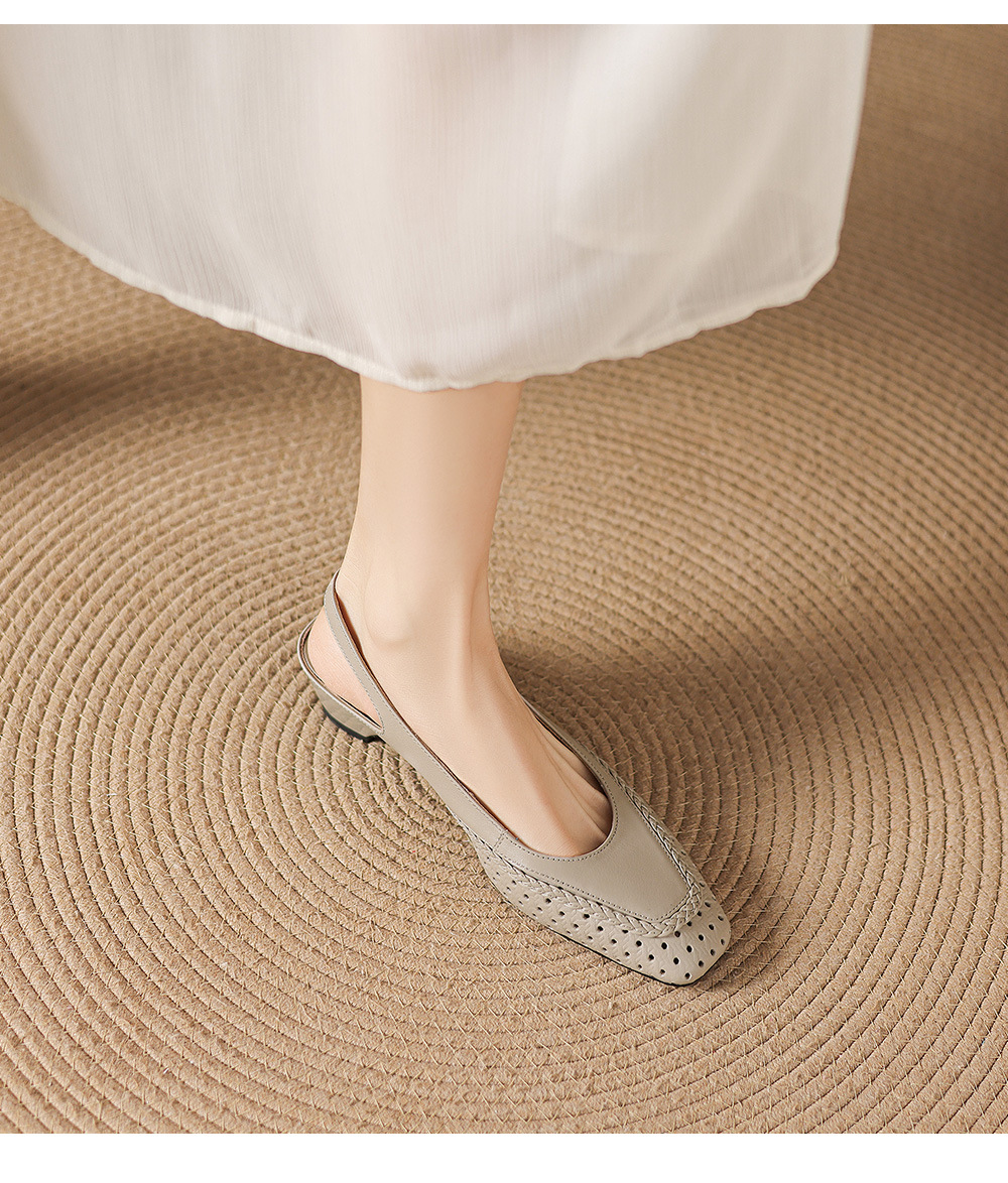 Sandal nữ gót thấp 3.5cm da cừu dệt mũi vuông kiểu Pháp quai một dây — đen chi tiết 17