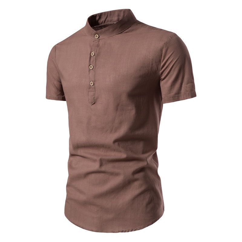 2023 caliente verano lino fino color sólido soporte collar hombres camisa casual manga corta comercio exterior camisa hombres M302