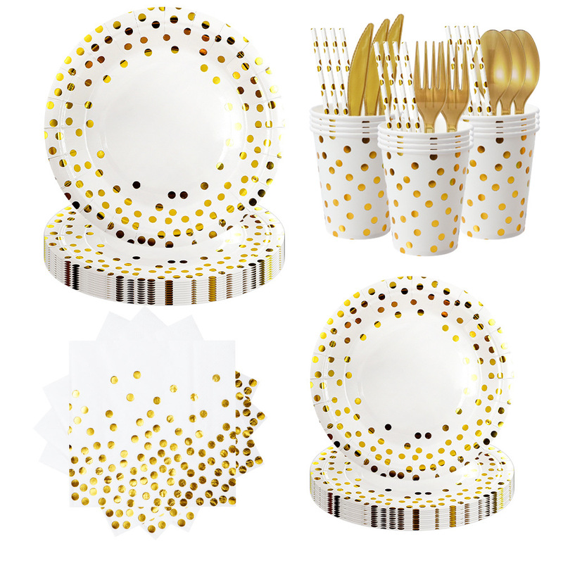 Cross-Border White Gold-Stamped Polka Dot Party Decoration Supplies Paper Plates, Paper Napkins, Straws, Disposable Tableware Set Wholesale Cross-Border White Gold-Stamped Polka Dot Party Decoration Supplies Paper Plates, Paper Napkins, Straws, Disposable Tableware Set Wholesale