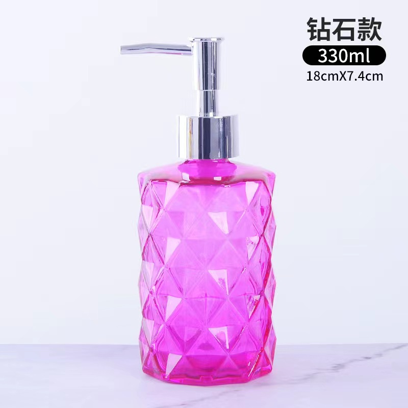 Fabricante al por mayor de botellas de vidrio transparente de 350 ml, botella de vidrio para loción, gel de ducha, botella de desinfectante de manos con forma de diamante, creativa