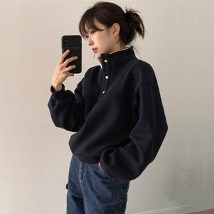Gao Li collar fleece-lined padded warm pullover sports sweater 2024 new color matching artistic collapsed shoulder coat student