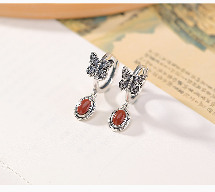 Bông tai bạc S925 mặt đá mắt mèo đỏ Nam, ngọc lam, kiểu retro cổ điển, mặt trứng bướm — Ngọc lam chi tiết 4