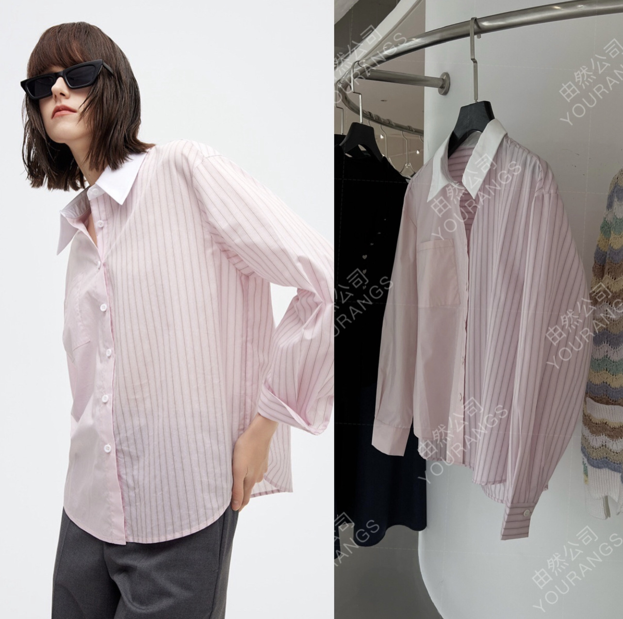 【Clearance Sale 100】Elegant and Youthful Style Poplin Cotton Small Square Collar Yarn-Dyed Striped Paper-Like Texture Long-Sleeve Shirt