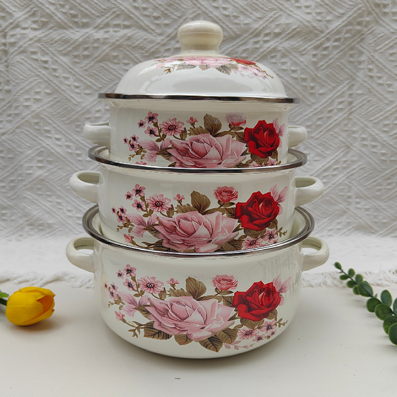 缕锌加厚珐琅三件套搪瓷双耳带盖锅搪瓷炖锅平底汤锅泡面锅小火锅