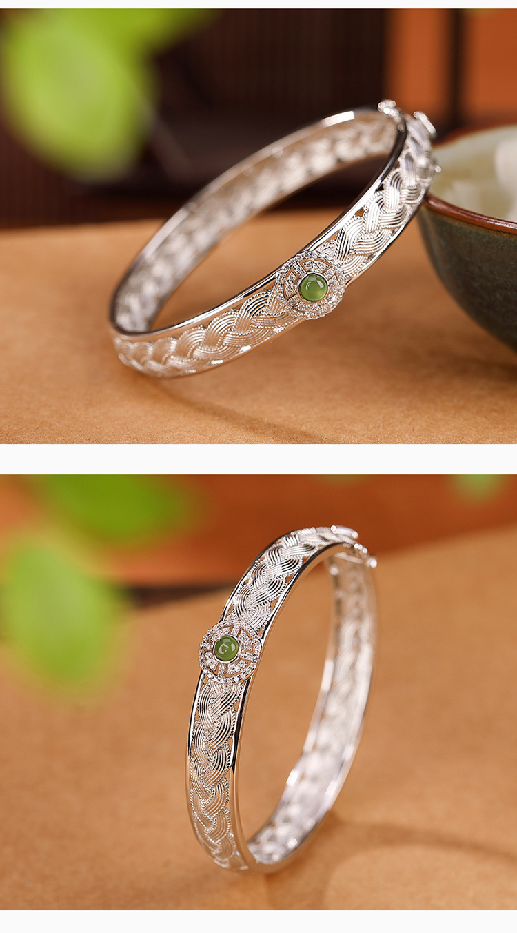 Vòng tay bạc S925 mạ vàng đính ngọc bích Hetian Jasper phong cách hoang dã — Kiểu mạ bạch kim chi tiết 4
