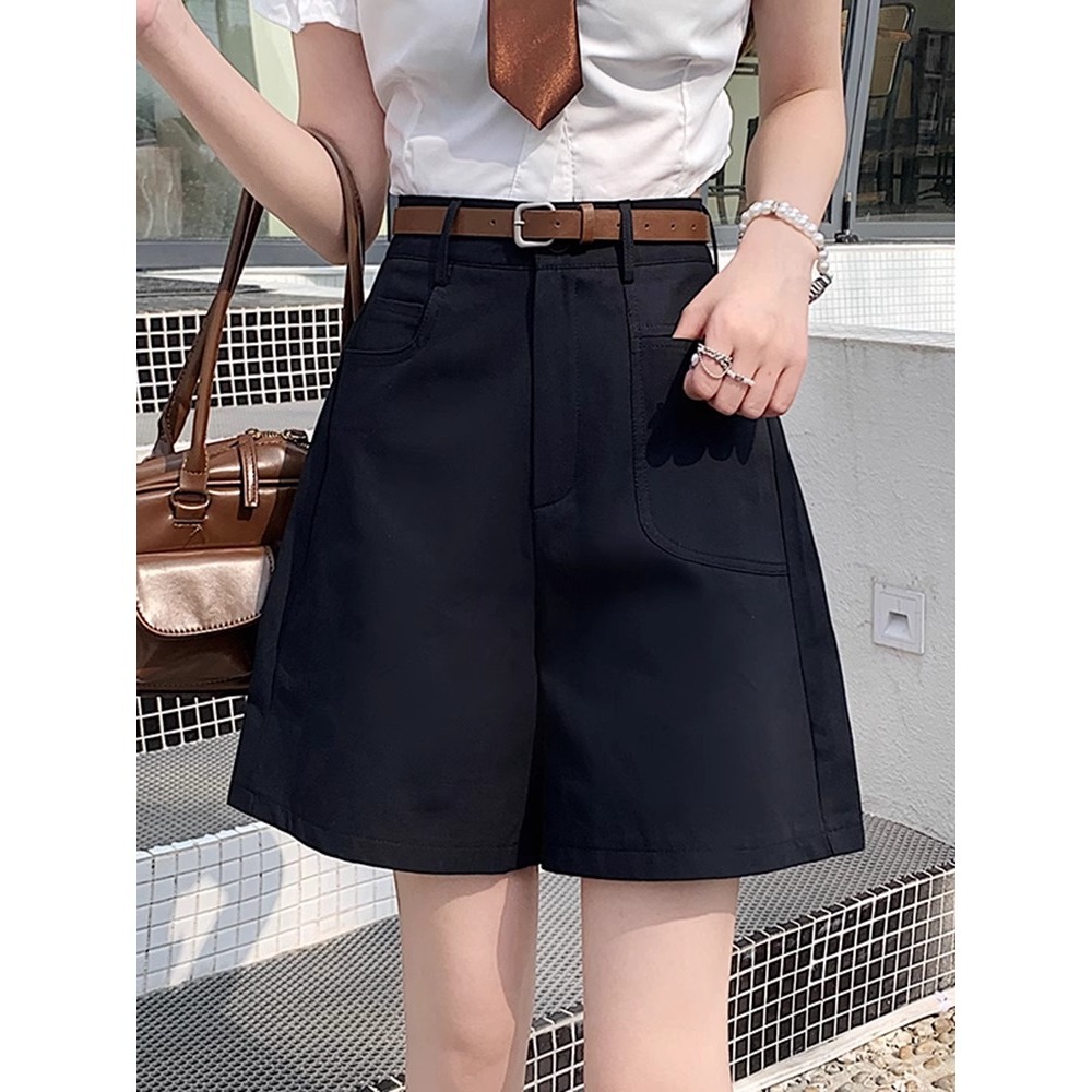 Quần short nữ cạp cao ống rộng dáng suông dài ngang đùi kiểu Hồng Kông — Màu đen