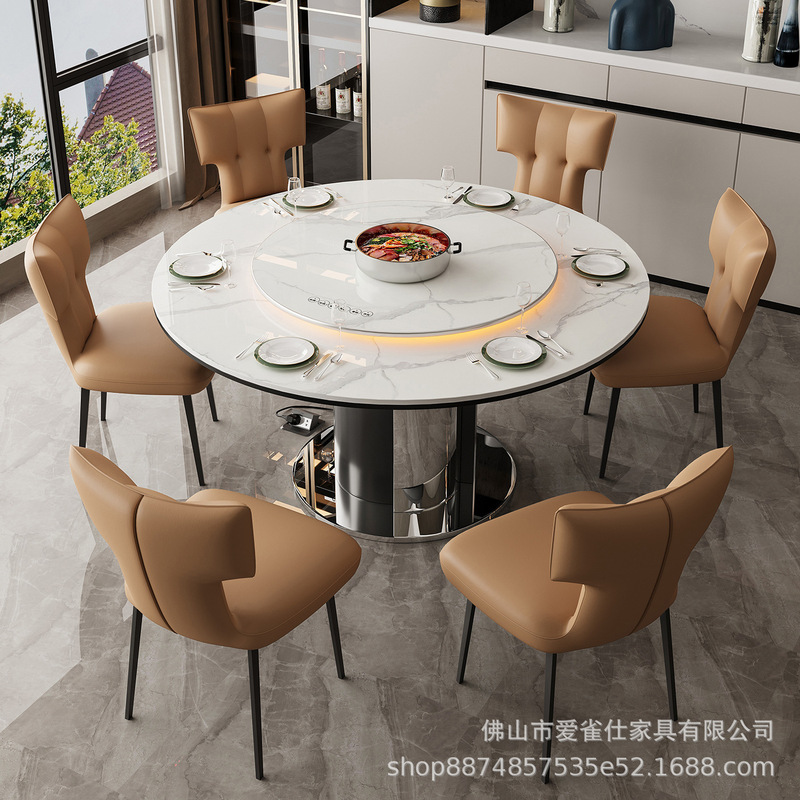 AI智能语音控制暖菜电动转盘圆形岩板餐桌现代家用商用电磁炉饭桌|undefined