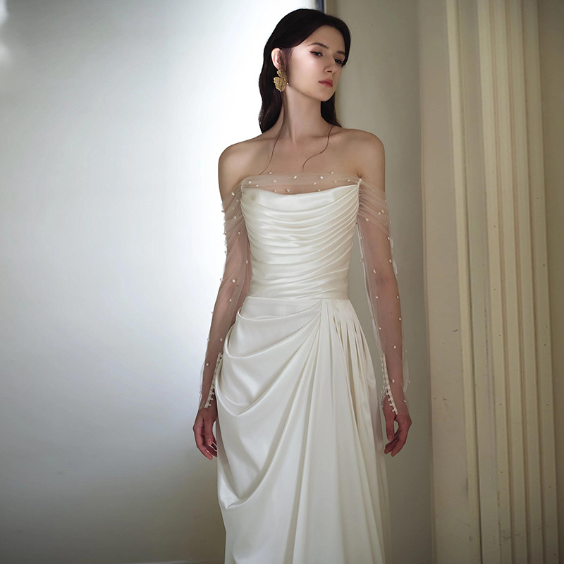 French Style Light Wedding Dress Bride's High-end Mori Style Super Fairy Off-shoulder Gauze Long-sleeved White Engagement Dress