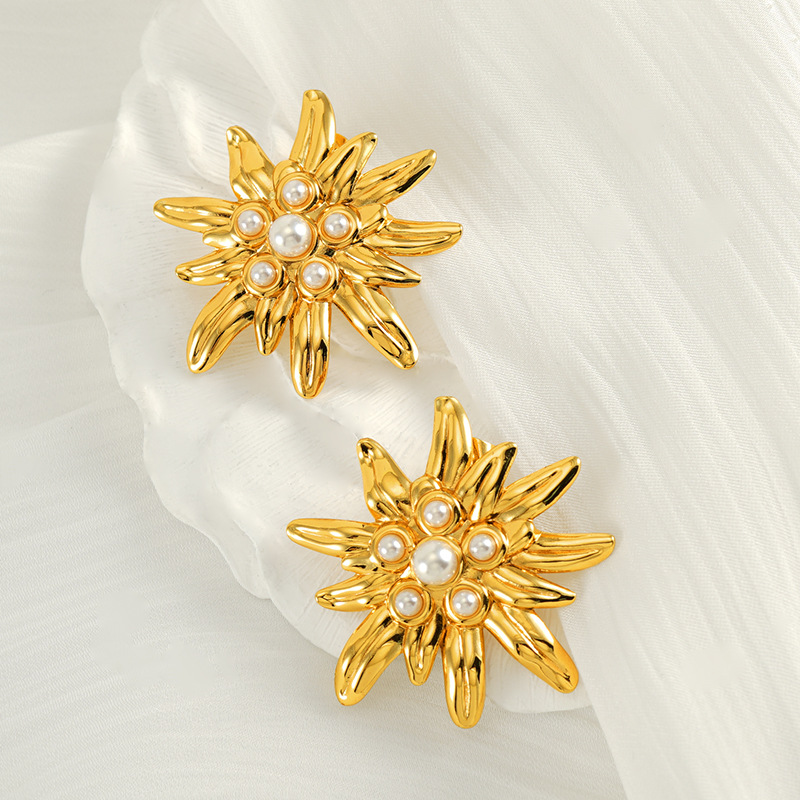 Pendientes de acero inoxidable geométrico de flores retro francesas Pendientes de perlas de temperamento de moda femenina Pendientes de lujo ligero de alta calidad Mujeres