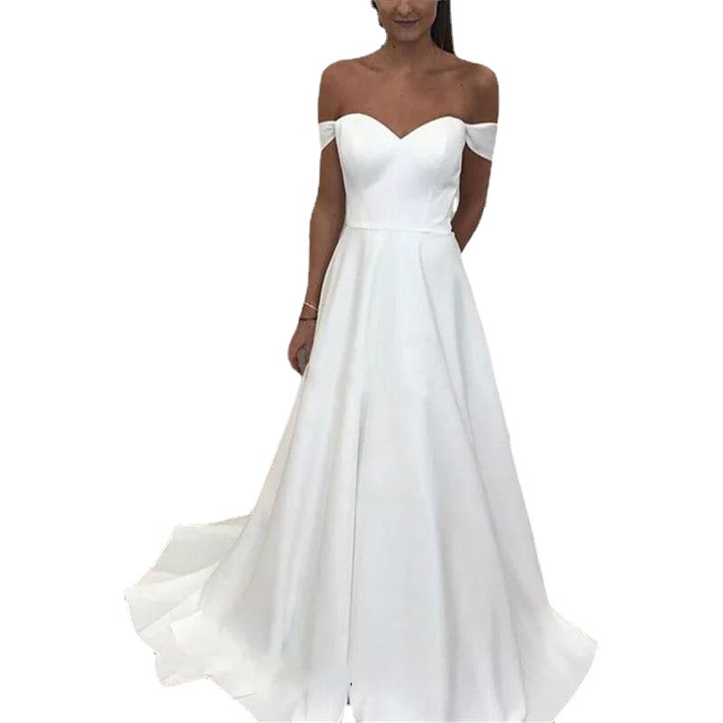 Comercio exterior europeo y americano Amazon AliExpress deseo nuevo elegante simple cuello en V hombro vestido de novia personalización soporte image 5