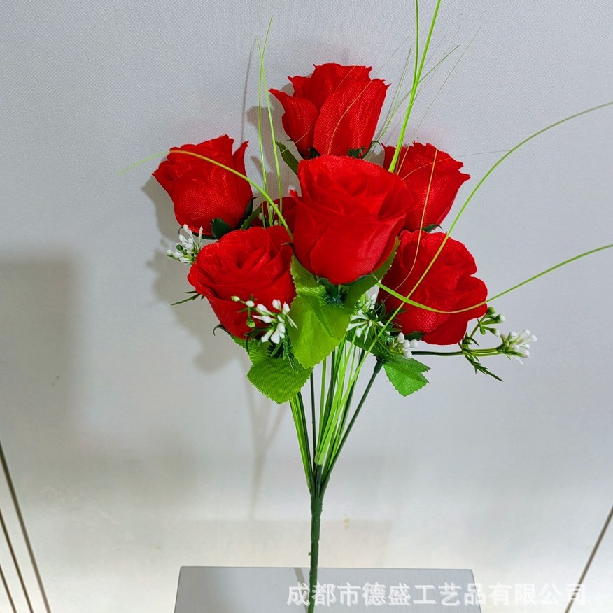 成都德盛厂家批发仿真花7头孔雀玫玫瑰花 工程户外装饰用花