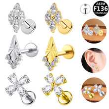 盖贝欧美跨境钛合金四叶草锆石耳骨钉G23 0.9丝内牙穿刺耳钉