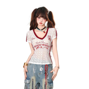 Vintage Shoulder New Short-sleeved Contrast Color Stitching Spice Girl Embroidered Pink Slim-fit American Summer Slim-fit Short Top