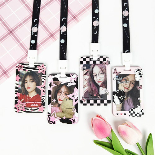 Cute ins pink cover card holder student name badge school badge acrylic protective cover embossed bus access card holder