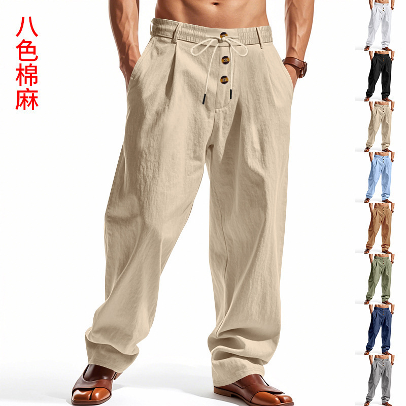 Cross-Border European and American Men's Straight-Leg Linen Button-Decorated Breathable Loose Sports Casual Belt Trousers