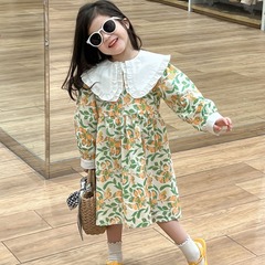 韓國童裝女童連衣裙2024春裝裙子雙層大翻領領橘色碎花長袖公主裙