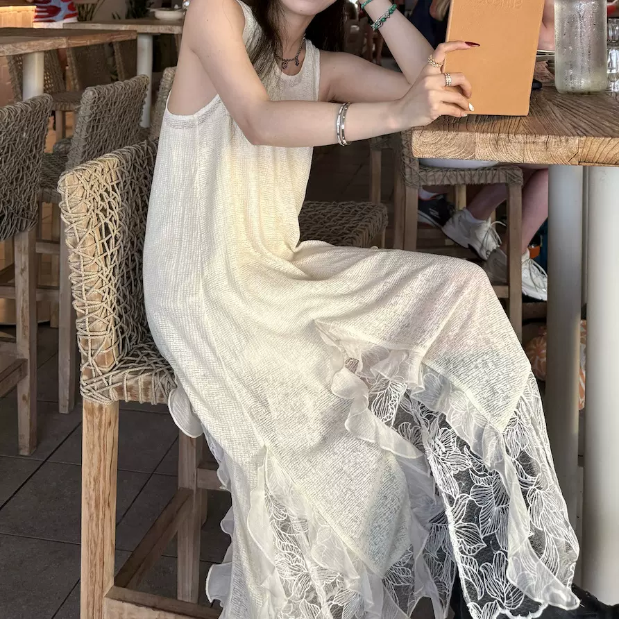 现货X小重工 两件套蕾丝拼接连衣裙女不规则设计感长裙