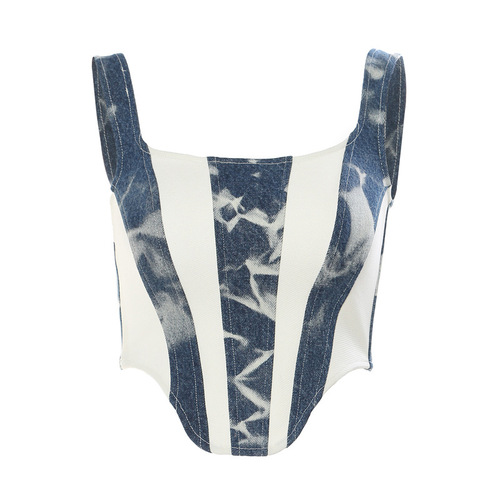 2024 Stitched contrast color washed denim slim fit top and vest suspender female 1646
