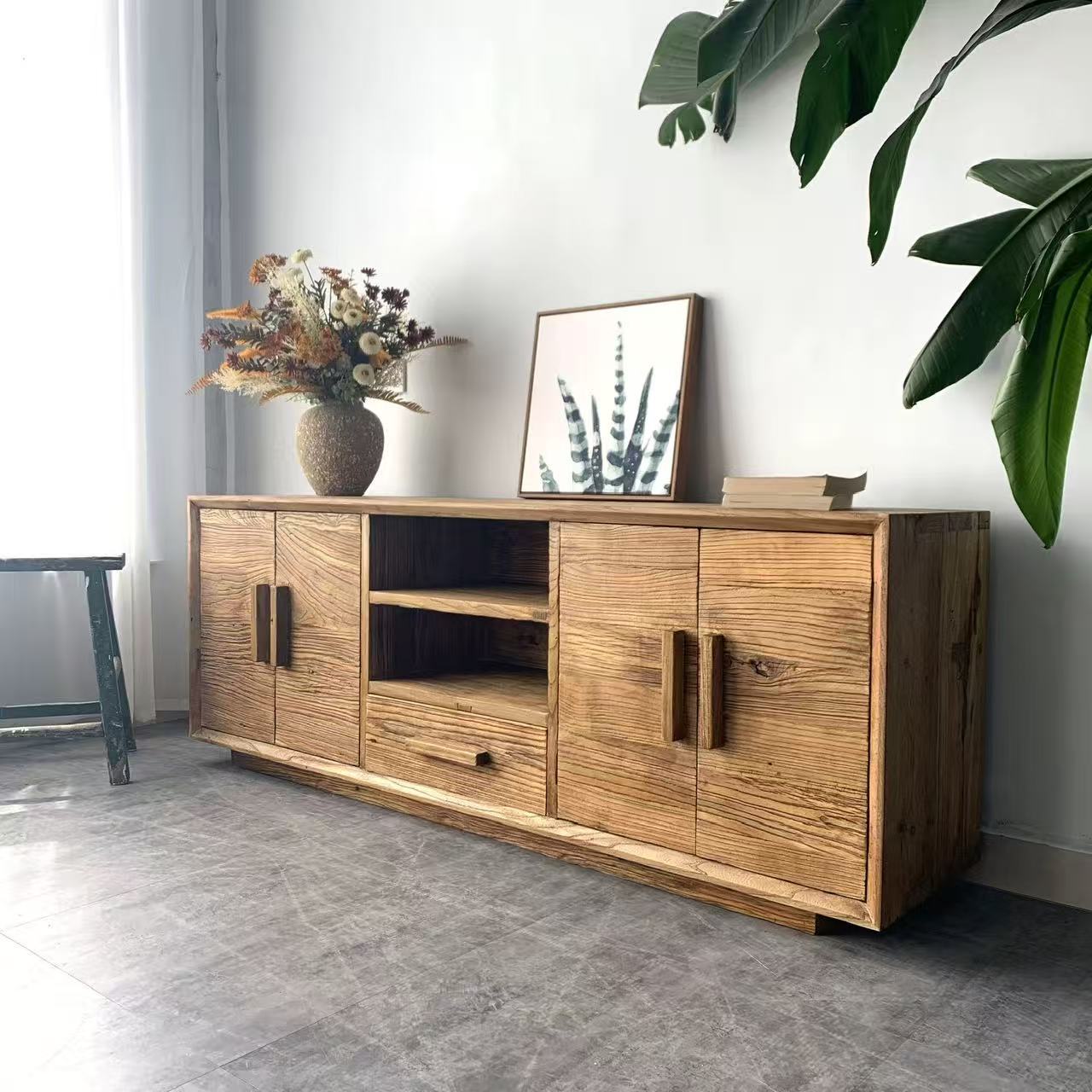 Wabi-Sabi Style Solid Wood Tv Cabinet Old Elm Weathered Furniture Storage Cabinet Living Room Wall Cabinet Solid Wood Storage Cabinet