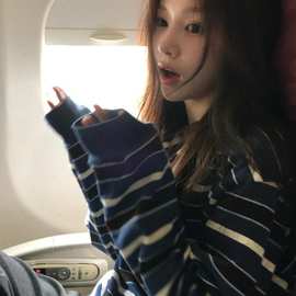 原版面料美式复古宽松条纹圆领长袖t恤女春秋松弛感百搭学院风